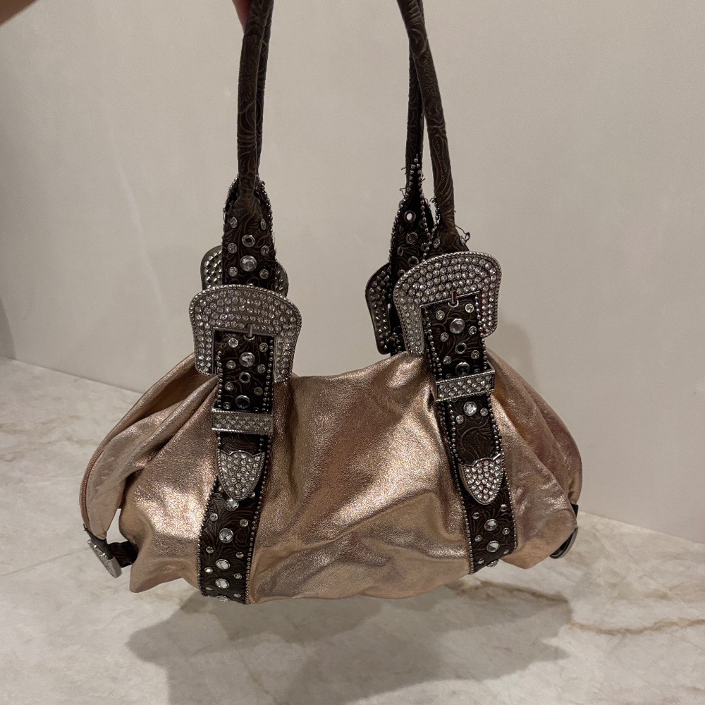 ✨Charm & Luck Shiny Pink Leather Handbag with Rhinestone Buckles–Genuine Leather